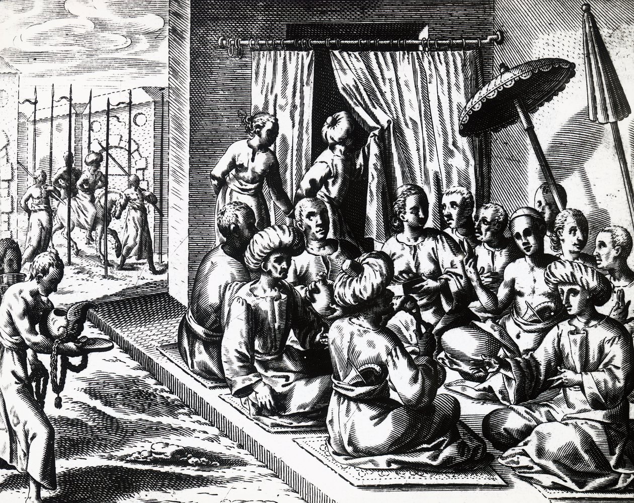 Hääseremonia Bantamissa, Jaavan saarella, Theodor de Bry (1528-1598). kaiverrus. tekijältä Theodore de Bry