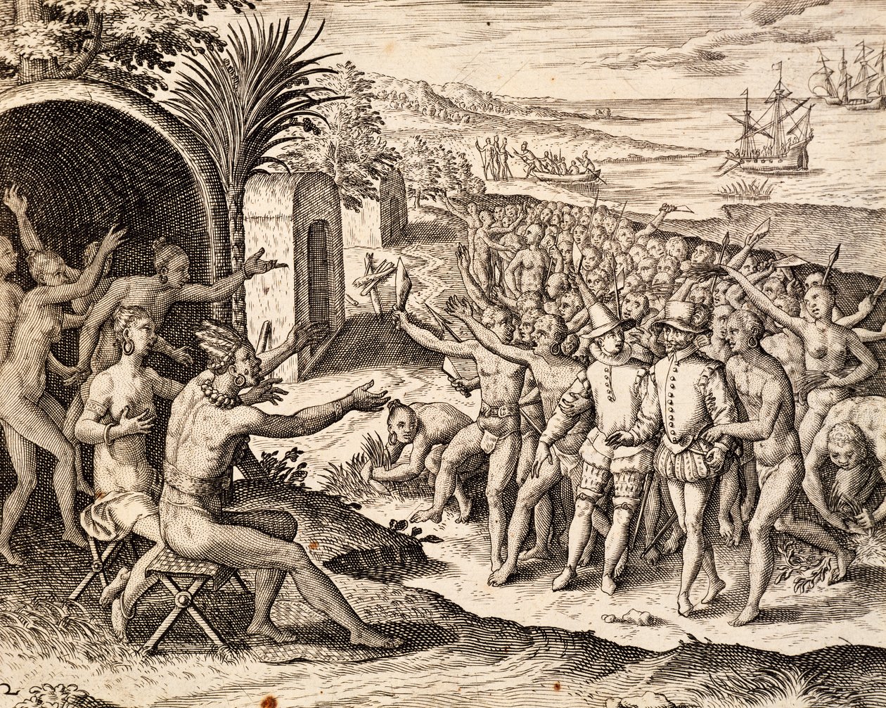 Tervetuloa hollantilainen, kaiverrus teoksesta India orientalis, kirjoittanut Theodor de Bry (1528-1598), Indonesia tekijältä Theodore de Bry