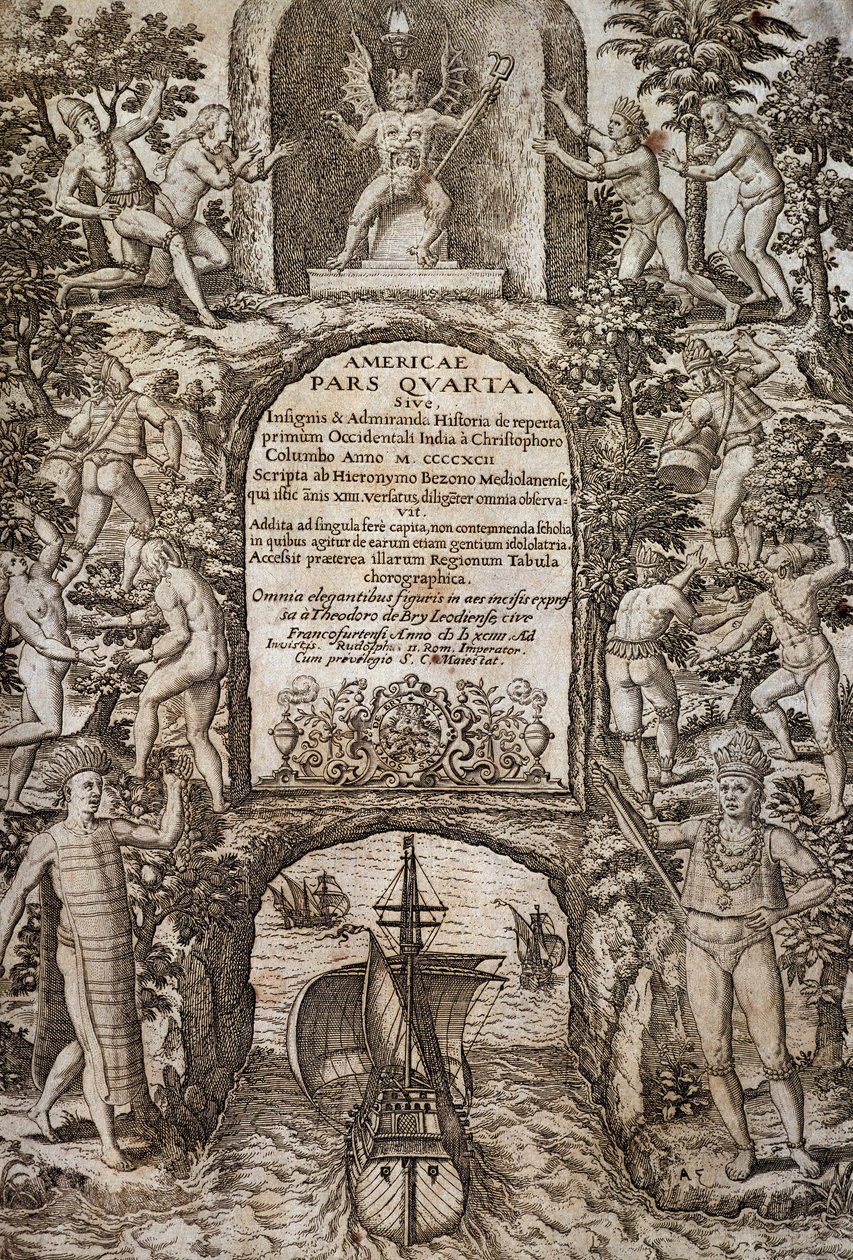 Länsi-Intia tai Amerikka, kirjoittanut Theodor de Bry (1528-1598), etukappale, kaiverrus tekijältä Theodore de Bry