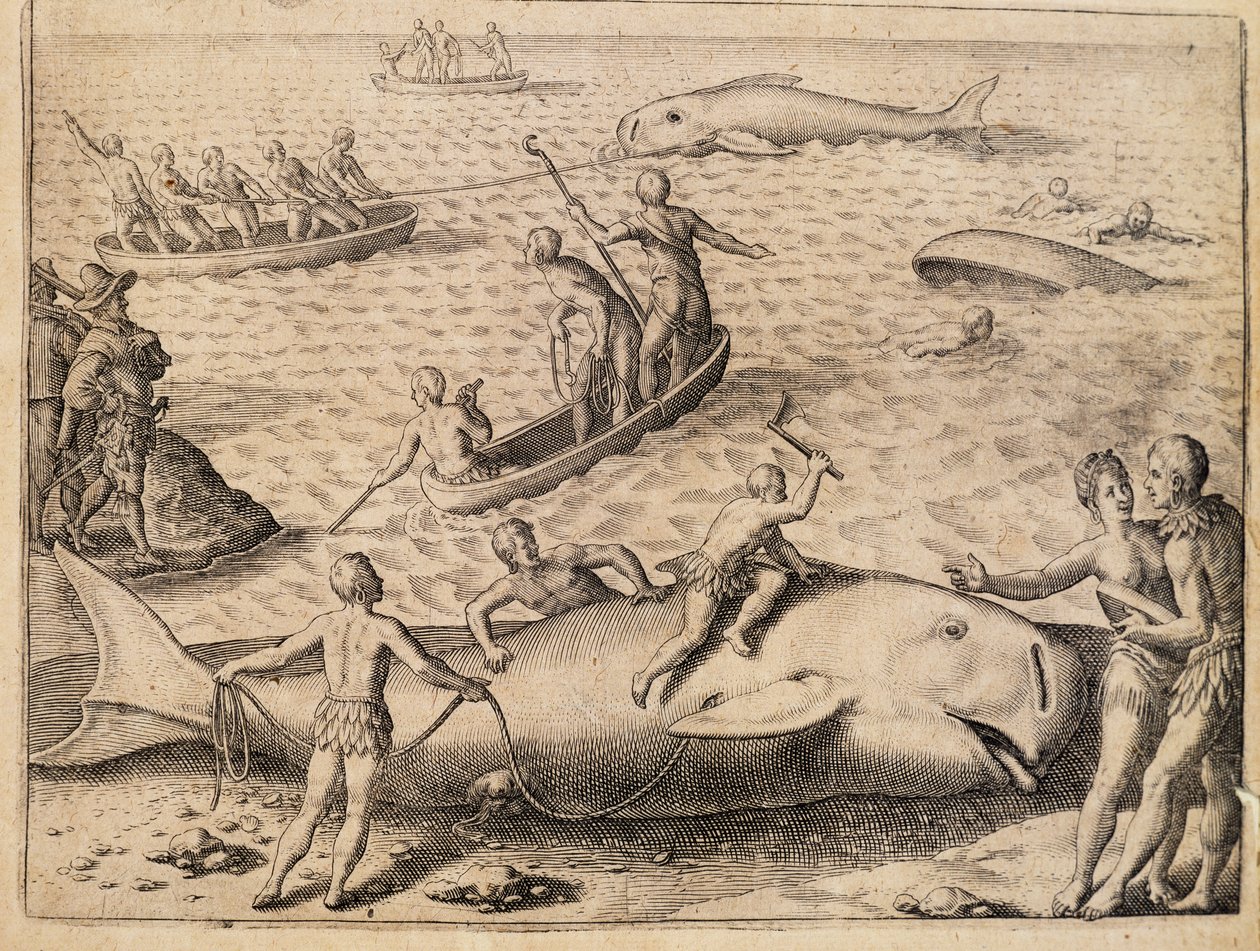 Valaanpyynti lähellä Huippuvuoria, kaiverrus Theodor de Bry (1528-1598) Intiasta Orientalis (Itä-Intia) tekijältä Theodore de Bry