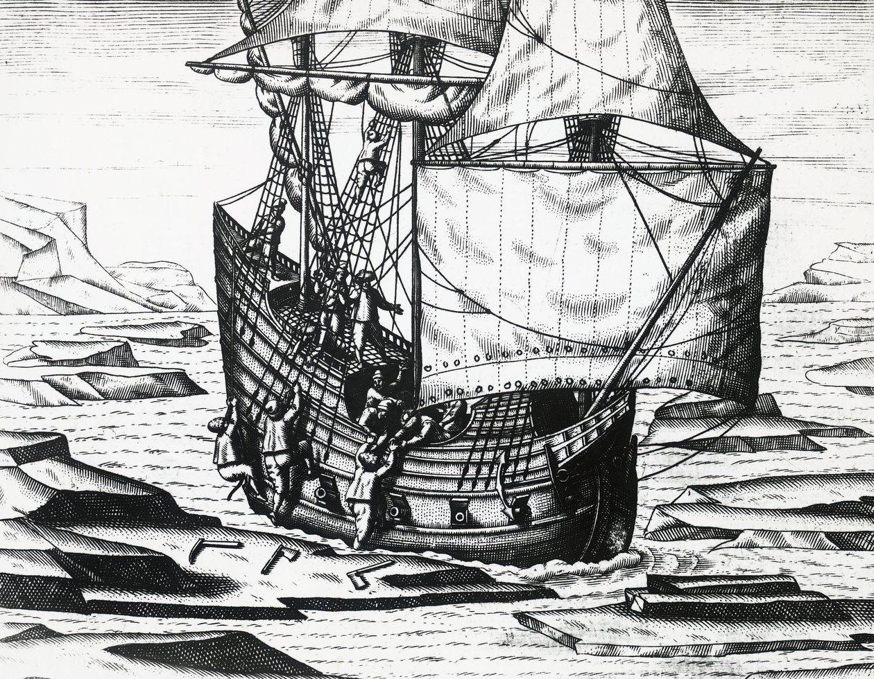 William Barentsin (n. 1550-1597) laiva kolmannella hollantilaisen Koillisväylän etsintämatkalla, Theodor de Bry (1528-1598), kaiverrus tekijältä Theodore de Bry