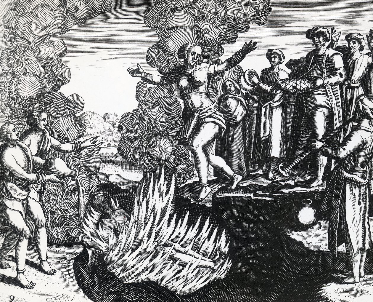 Theodor de Bry (1528-1598) Nainen heittäytyy miehensä pirteään, kaiverrus tekijältä Theodore de Bry