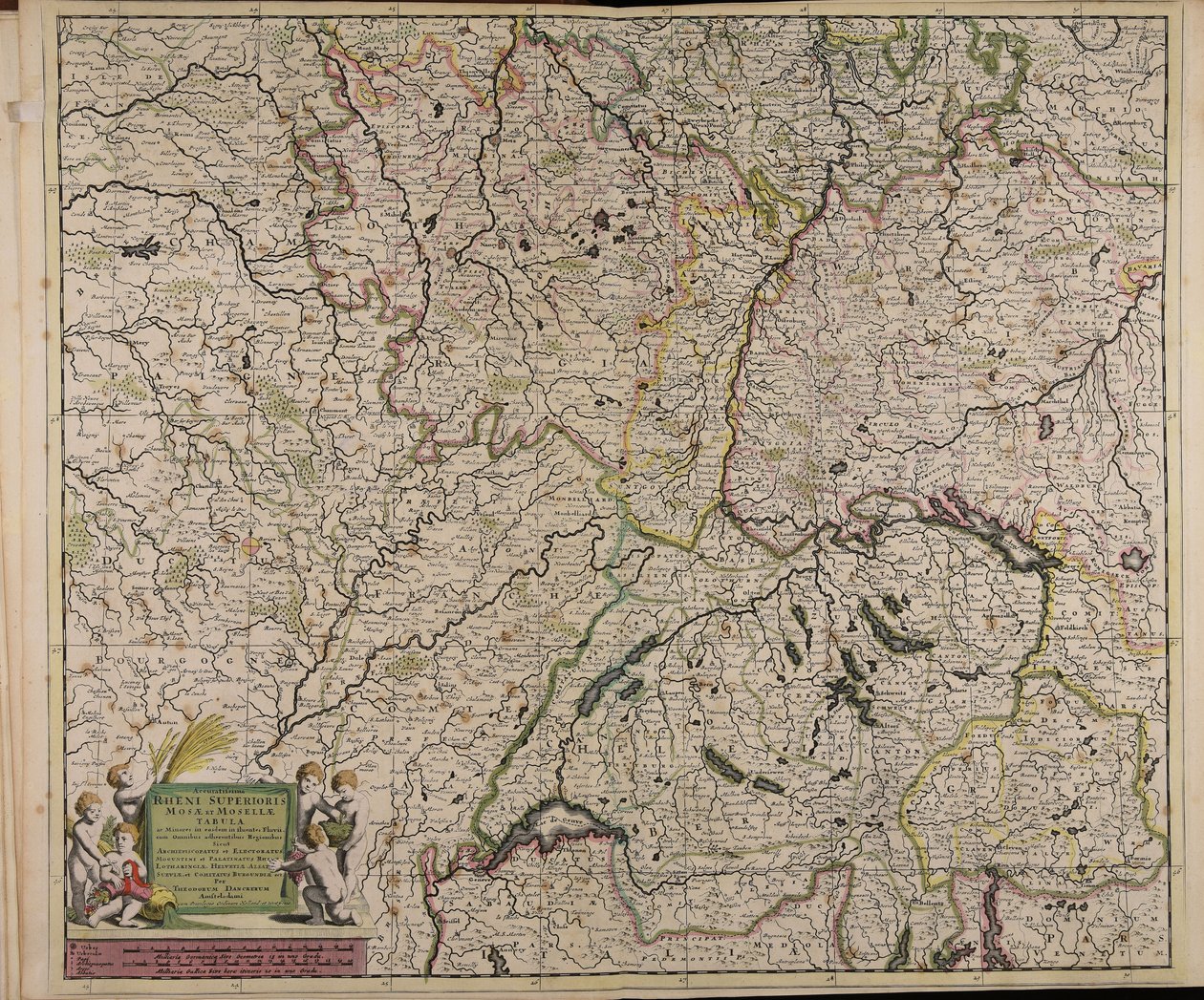 Accuratissima Rheni superioris Mosae et Mosellae tabula ac minores in eosdem in fluentes fluvii cum omnibus adherentibus regionibus sicut archiepiscopatus et electoratus Moguntini et Palatinatus Rheni Lotaringiae Helvetiae Alsatiae Sueviae et comitatus Bur tekijältä Theodorus Danckerts
