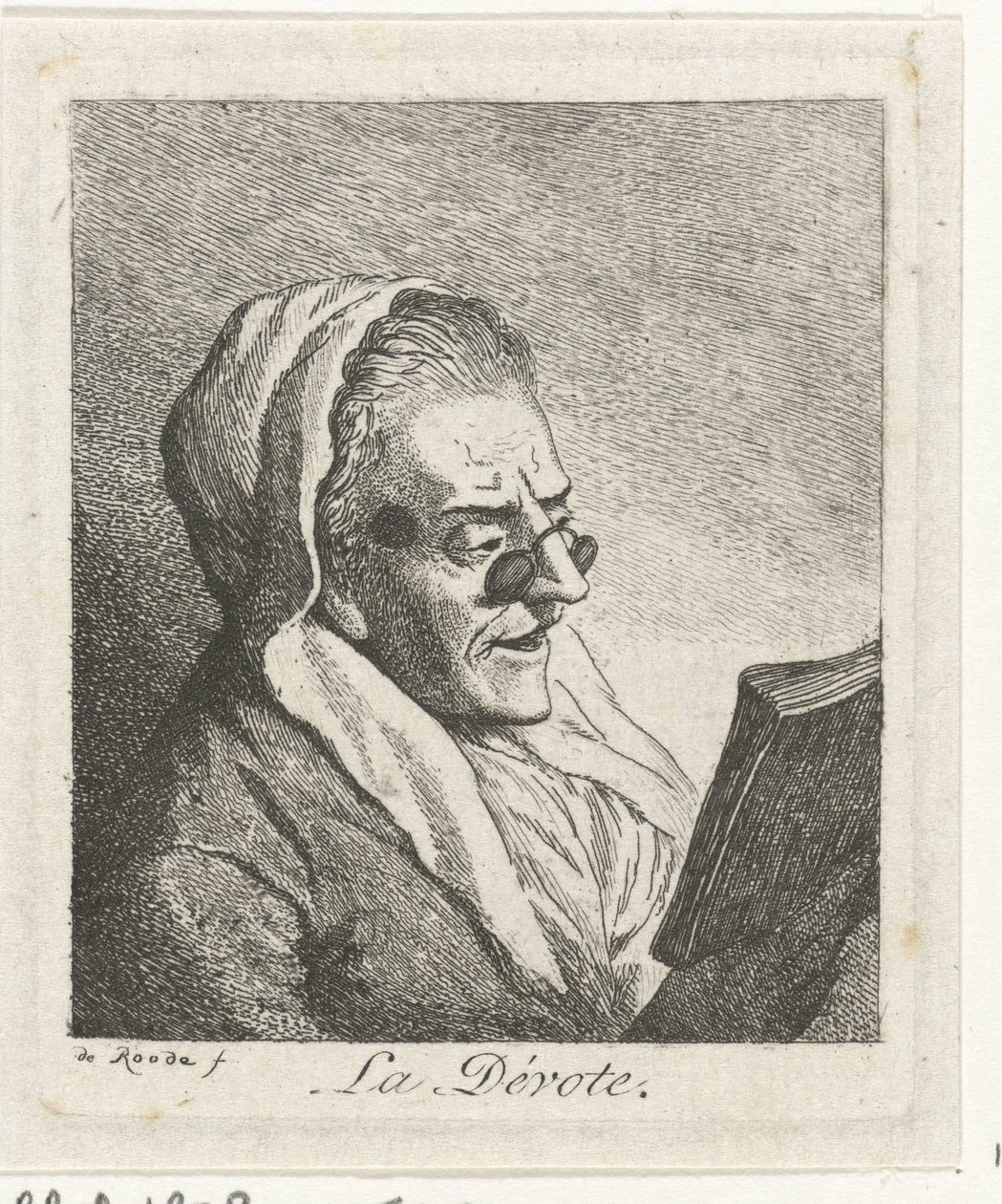 Lukeminen vanha nainen pince-nez La Dévote (otsikko esineessä) tekijältä Theodorus de Roode
