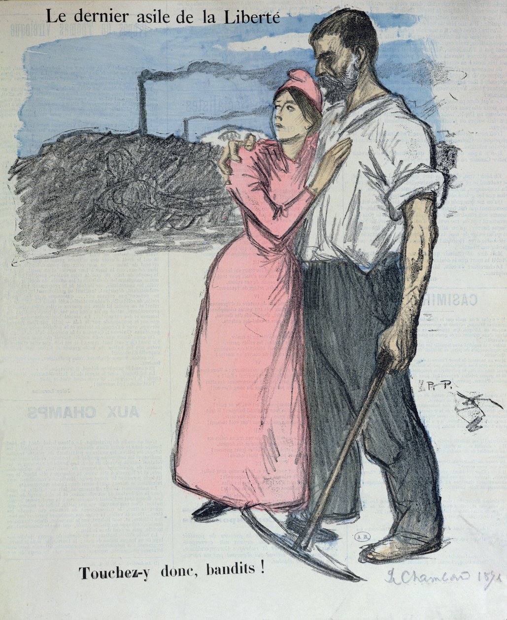Marianne työläisen kanssa, kuvitus "Le Chambard Socialiste" vuodelta 1891 tekijältä Théophile Alexandre Steinlen