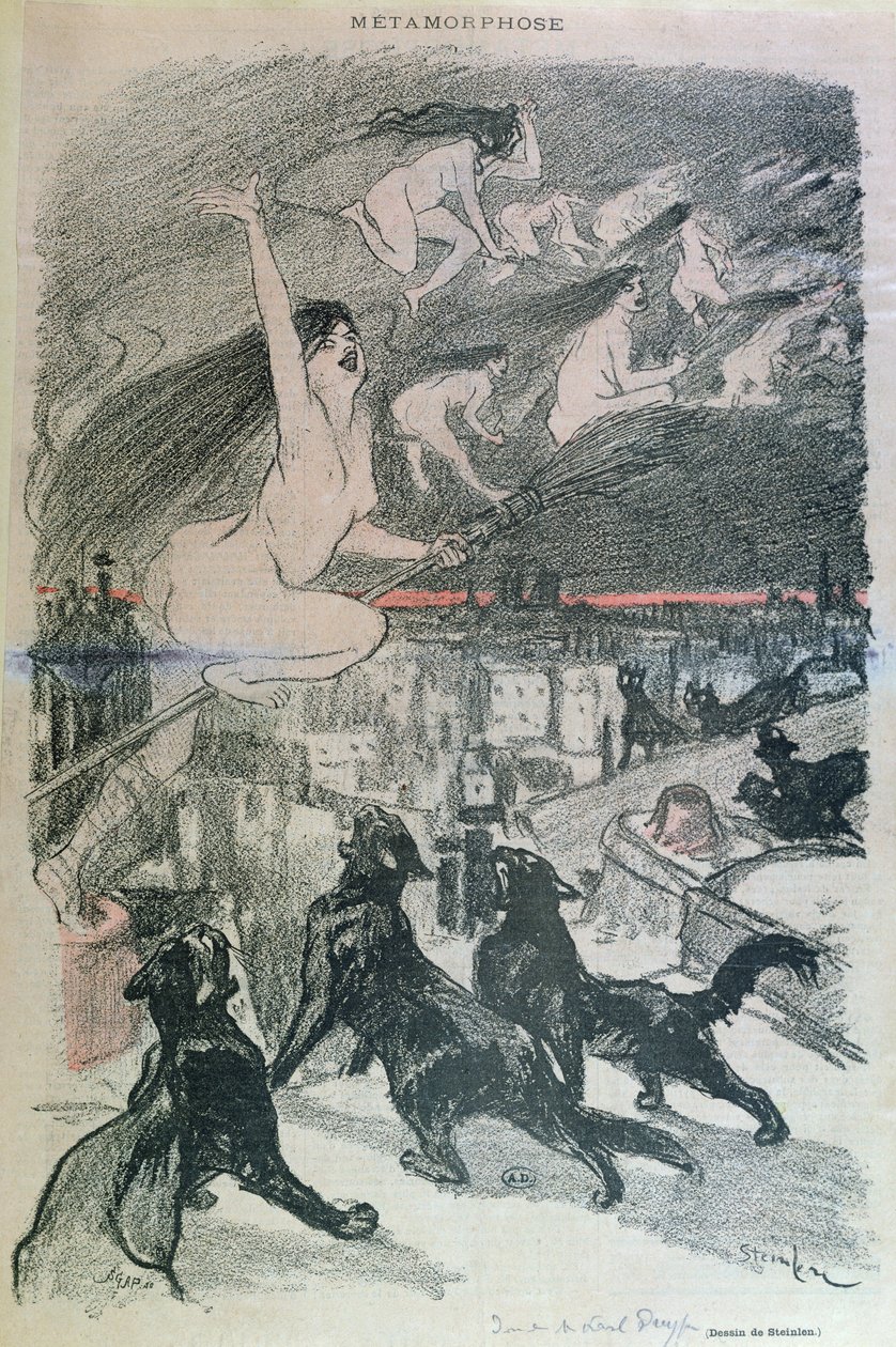 Metamorfoosi - mustat kissat muuttuvat noidiksi, 1800-luvun loppupuolisko tekijältä Théophile Alexandre Steinlen