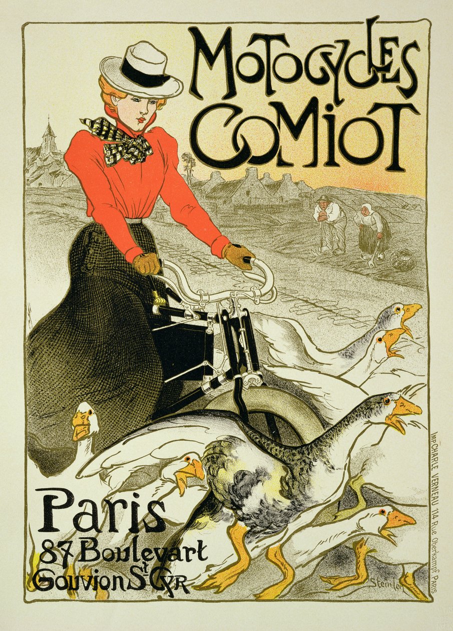 Jäljennös julistemainoksesta Comiot Motorcycles, 1899 tekijältä Théophile Alexandre Steinlen