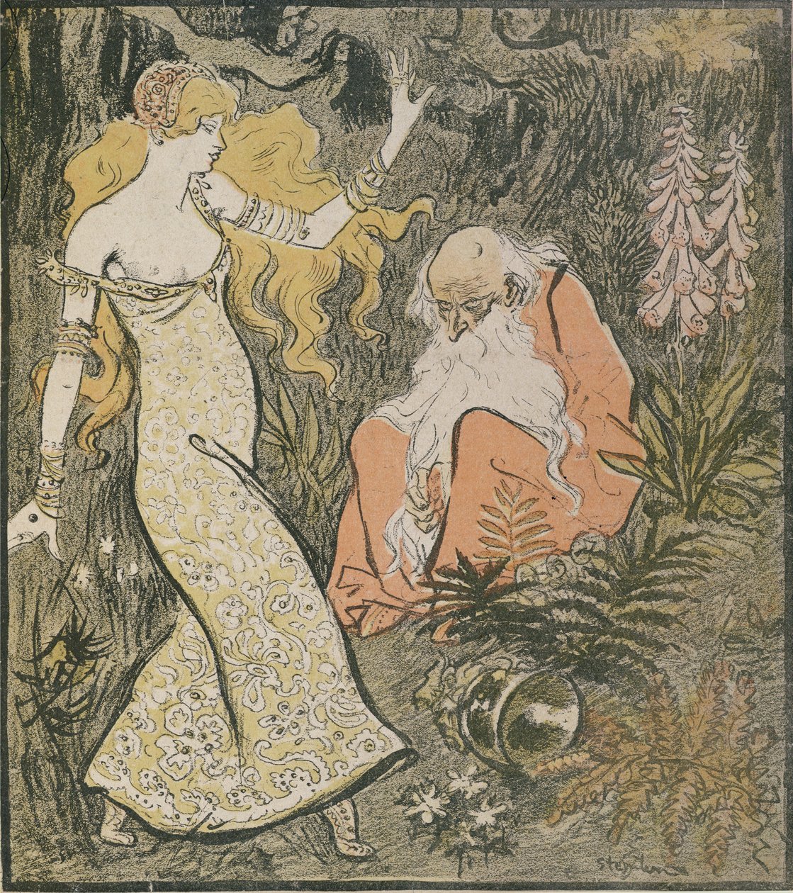 Lumoaja Merlin ja keiju Vivien Brocelianden metsässä Jean Lorrainin (1855-1906) näytelmästä "Broceliande" tekijältä Théophile Alexandre Steinlen