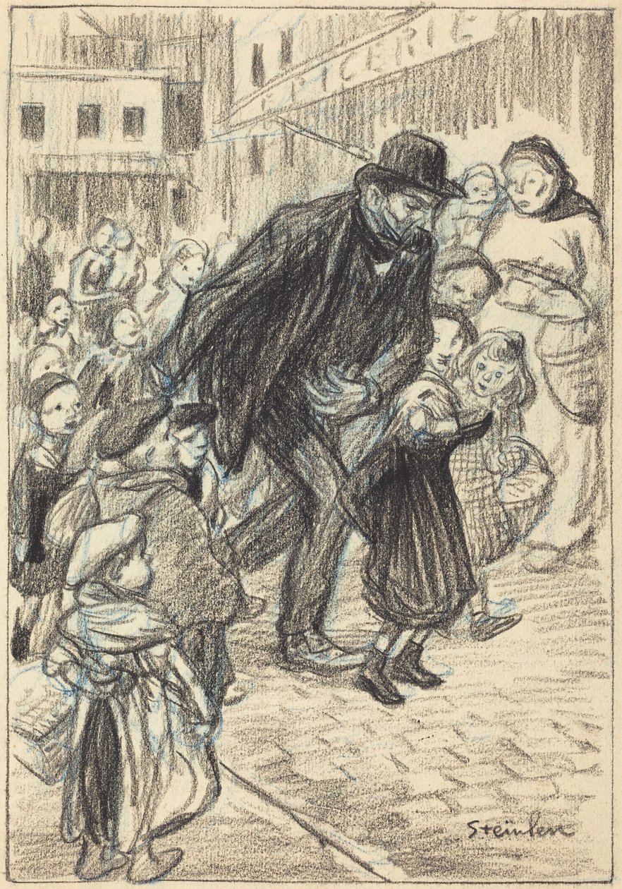 Mies kaupungin kadulla lasten ympäröimänä (Isä) tekijältä Théophile Alexandre Steinlen