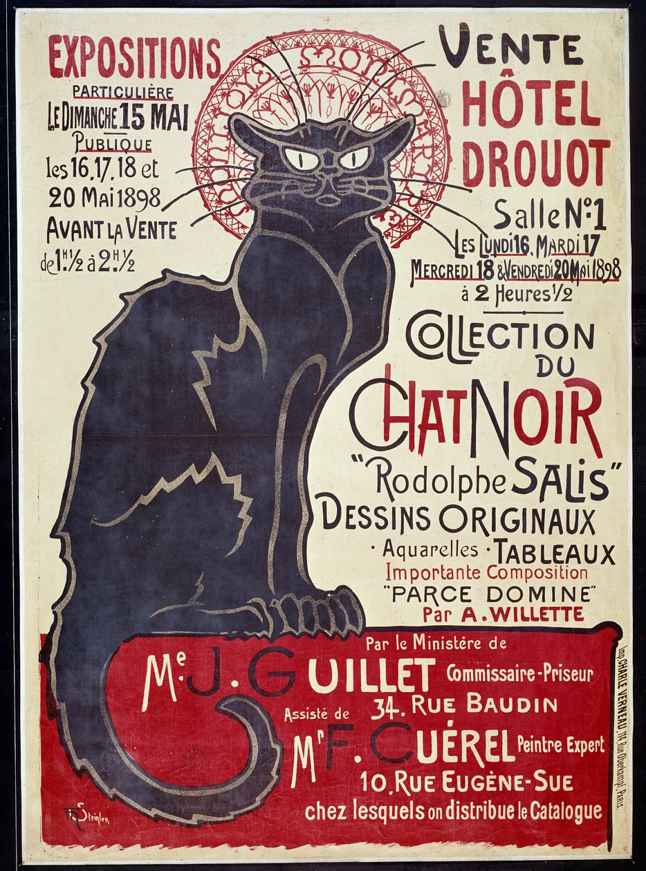 Mainosjuliste, joka ilmoitti Cat Noir -kokoelman ja Rodolphe Salisin teosten myynnistä Hotel Drouotissa vuonna 1898, kuvitus: Theophile Alexandre Steinlen (1859-1923) tekijältä Théophile Alexandre Steinlen