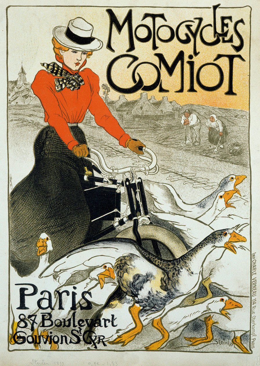 Mainosjuliste Comiot-moottoripyörille. Nuori nainen mopolla pyörähtää hanhiryhmän keskuudessa. Theophile Alexandre Steinlenin (1859-1923) juliste. 1899. Pariisi, koristetaide. tekijältä Théophile Alexandre Steinlen