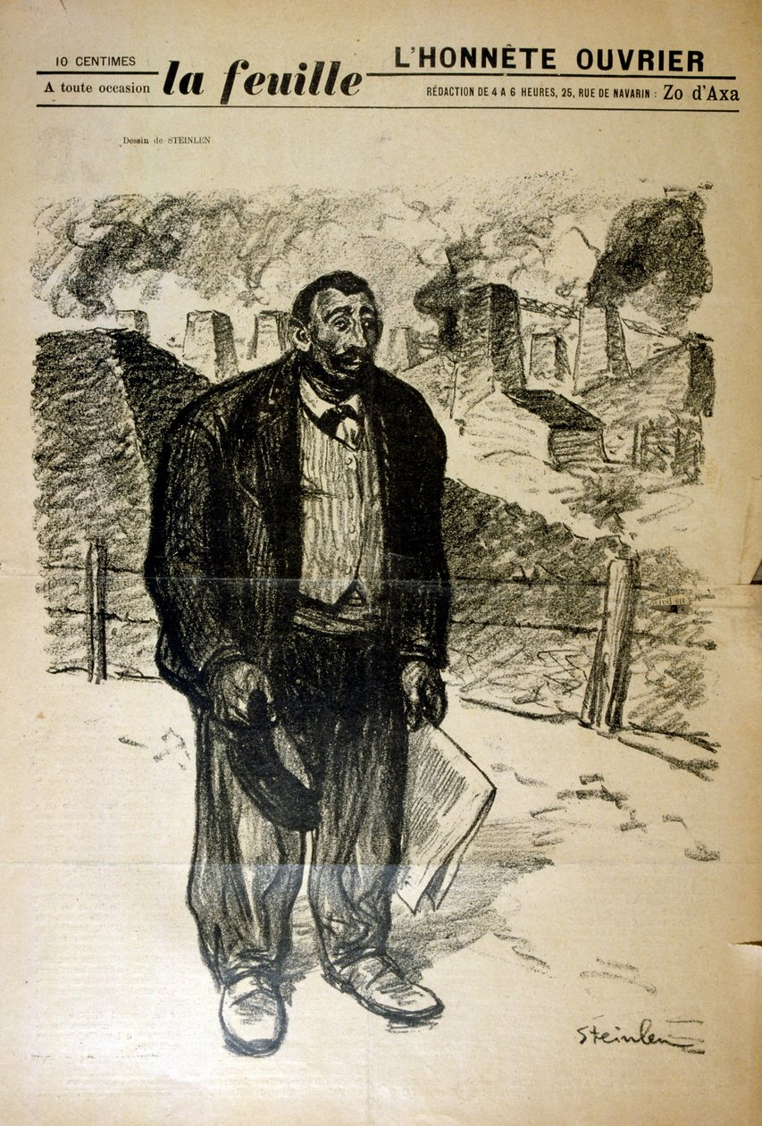 Piirustus köyhästä tehdastyöläisestä teollisuusmaisemaa vasten, Alexandre Steinlen (1859-1923), sveitsiläissyntyinen ranskalainen jugendmaalari ja taidegraafikko tekijältä Théophile Alexandre Steinlen