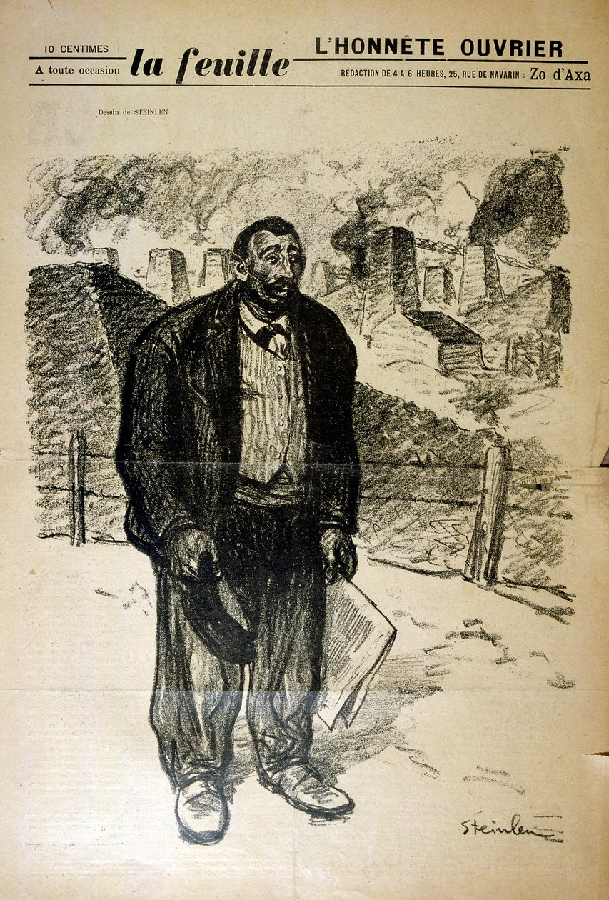 Piirustus köyhästä tehdastyöläisestä teollisuusmaisemaa vasten, Alexandre Steinlen (1859-1923), sveitsiläissyntyinen ranskalainen jugendmaalari ja taidegraafikko tekijältä Théophile Alexandre Steinlen