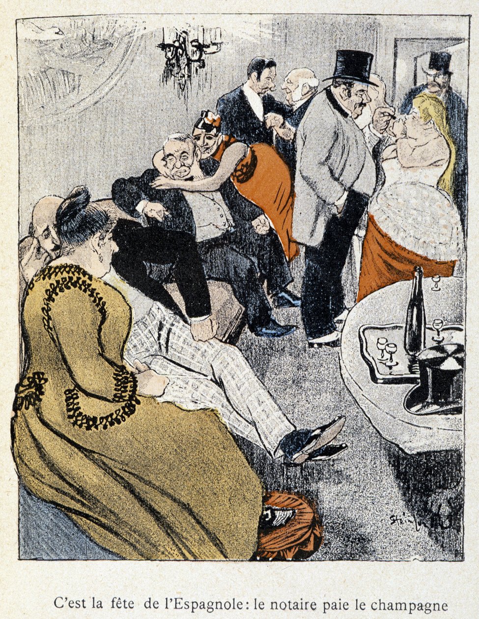 Filles et Marlous: Se on espanjalaisten juhla: notaari maksaa samppanjan – kirjassa "Dans la vie", kirjoittanut Steinlen 1901 (sama piirustus kuin nro 27695) tekijältä Théophile Alexandre Steinlen