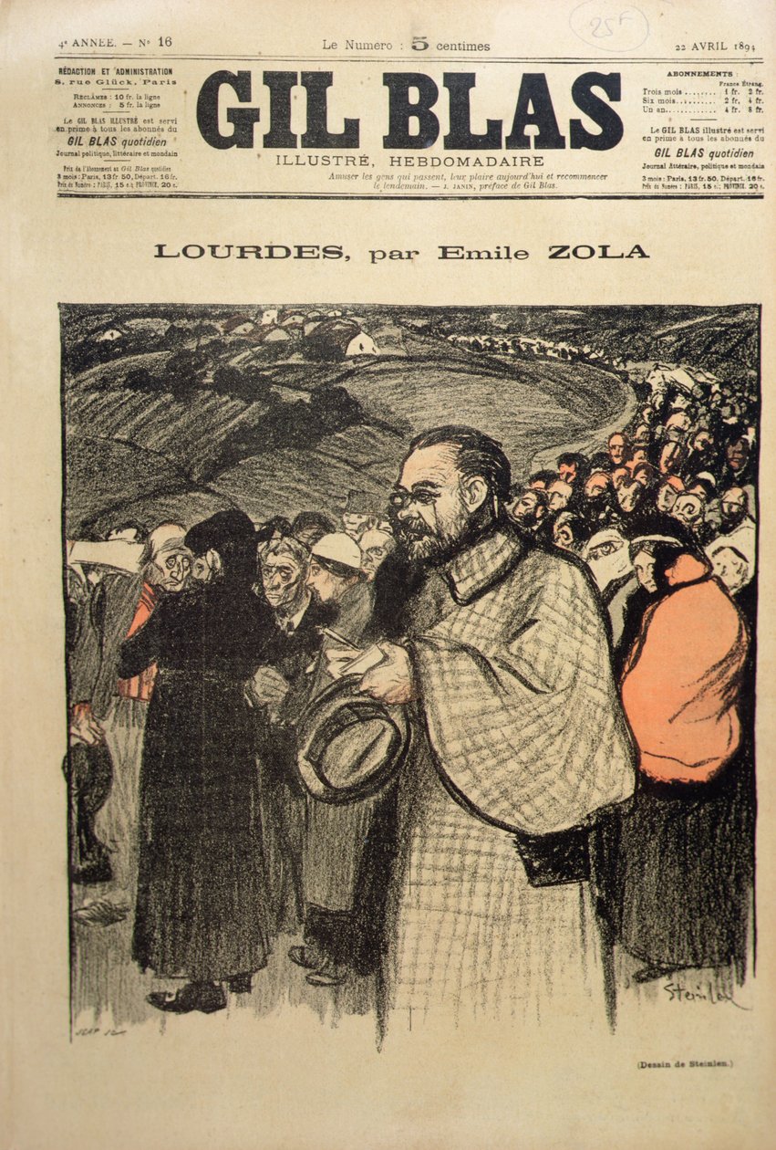 Gil Blasin etukansi, joka sisältää ensimmäisen osan Emile Zolan (1840-1902) 1894 (värilitho) teoksen "Lourdes" tekijältä Théophile Alexandre Steinlen