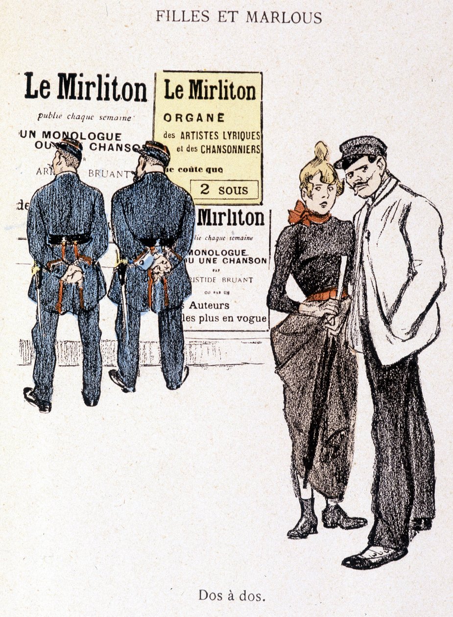 Tyttö ja Marlou: parittaja ja prostituoitu kahden poliisin takana. Steinlenin teoksessa "Elämässä". tekijältä Théophile Alexandre Steinlen