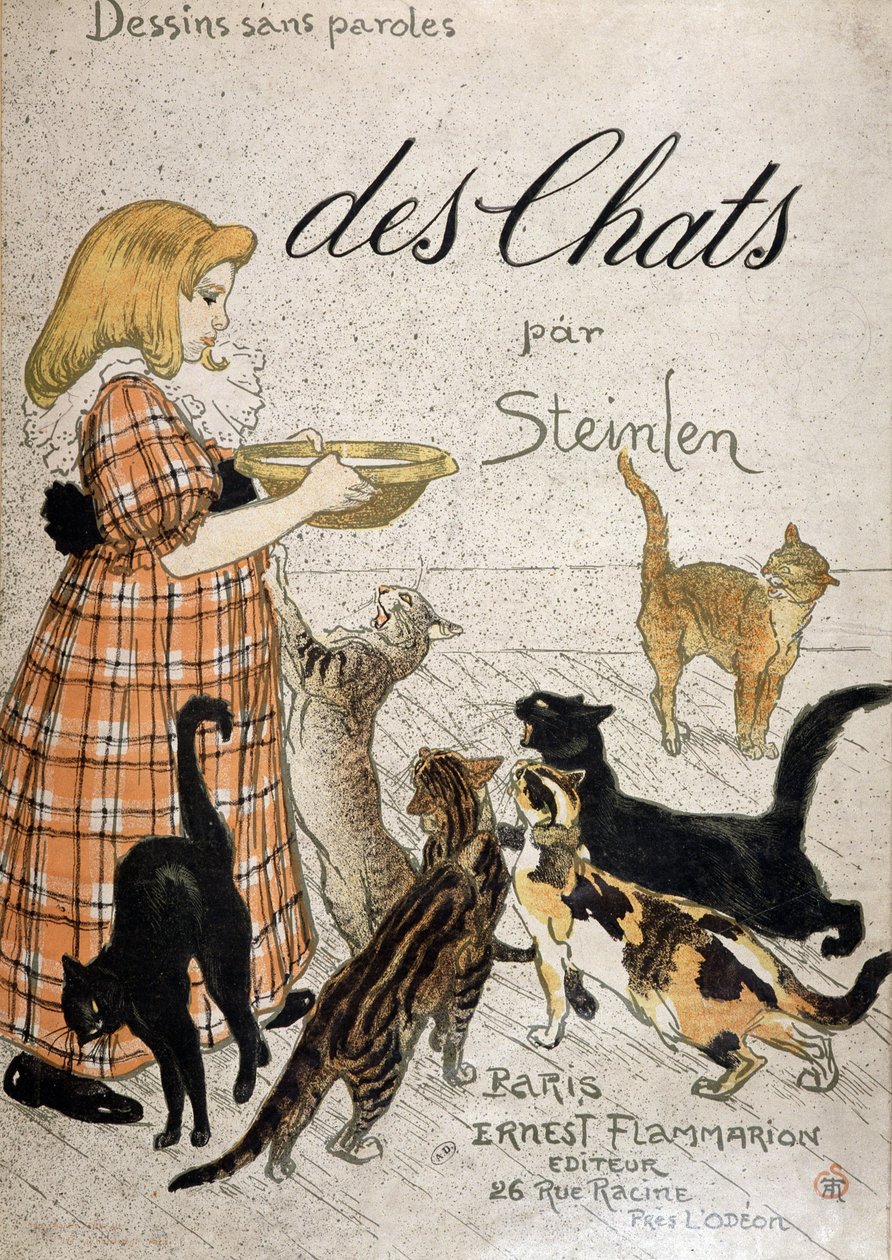 Tyttö tuo maitokulhoa kissoille - kansi ”” Cats”, Steinlen, n.d. 19. tekijältä Théophile Alexandre Steinlen