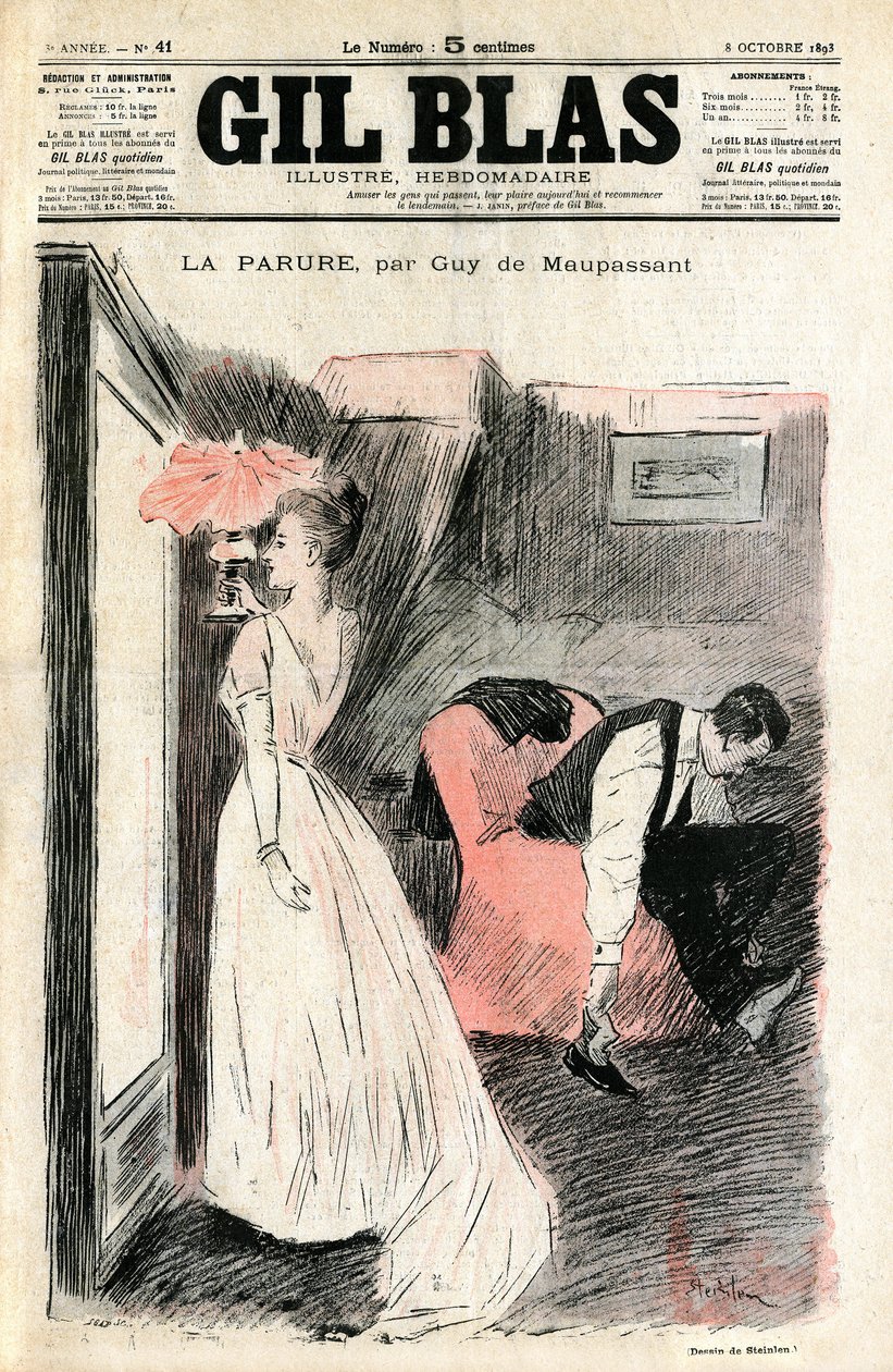 Steinlenin kuvitus Guy de Maupassantin novellista "" Parure"". Madame Loisel katsoo itseään peilistä, kun hänen miehensä riisuu kengät. Hän huomaa menettäneensä kaulakorun (timanttijoen), jonka hänen ystävänsä Madame Fores lainasi hänelle tekijältä Théophile Alexandre Steinlen