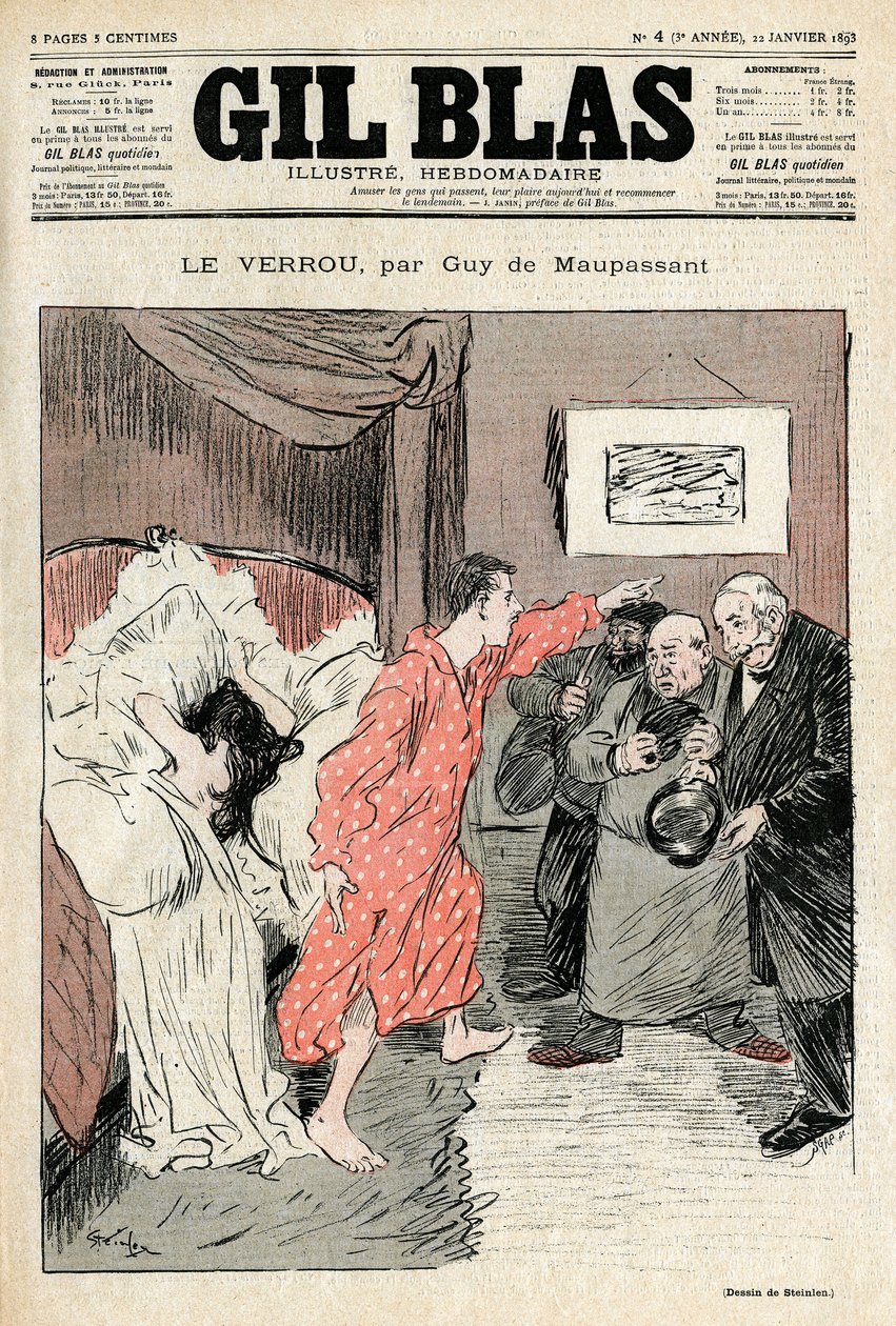 Steinlenin kuvitus Guy de Maupassantin novellista "" Lukko"". Laiton pariskunta jäi kiinni täydestä rakkaudesta ebatseihin - Aikuinen, yllätys. Gil Blasin kansi nro 4, 22. tammikuuta tekijältä Théophile Alexandre Steinlen