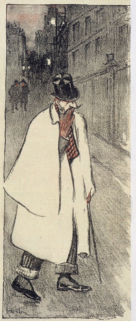 Mies huipulla ja takki kävelemässä kadulla - "" Gil Blasissa" marraskuussa 1894 tekijältä Théophile Alexandre Steinlen