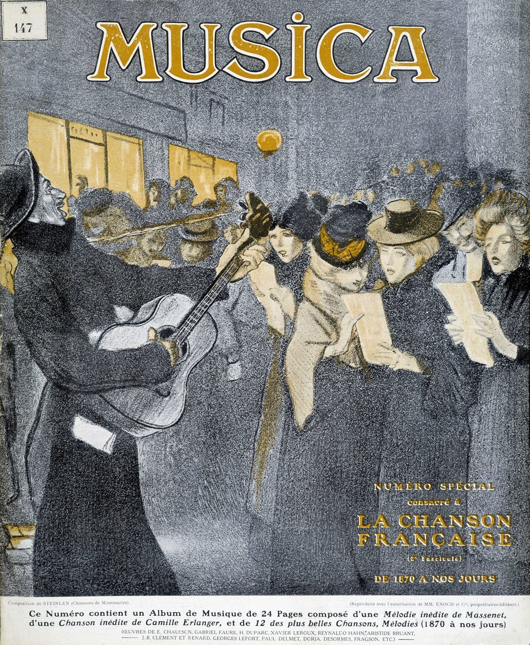 Yöjuhlat Montmartressa. Steinlenin kansilehti "" Music" -lehdelle marraskuussa 1908. tekijältä Théophile Alexandre Steinlen