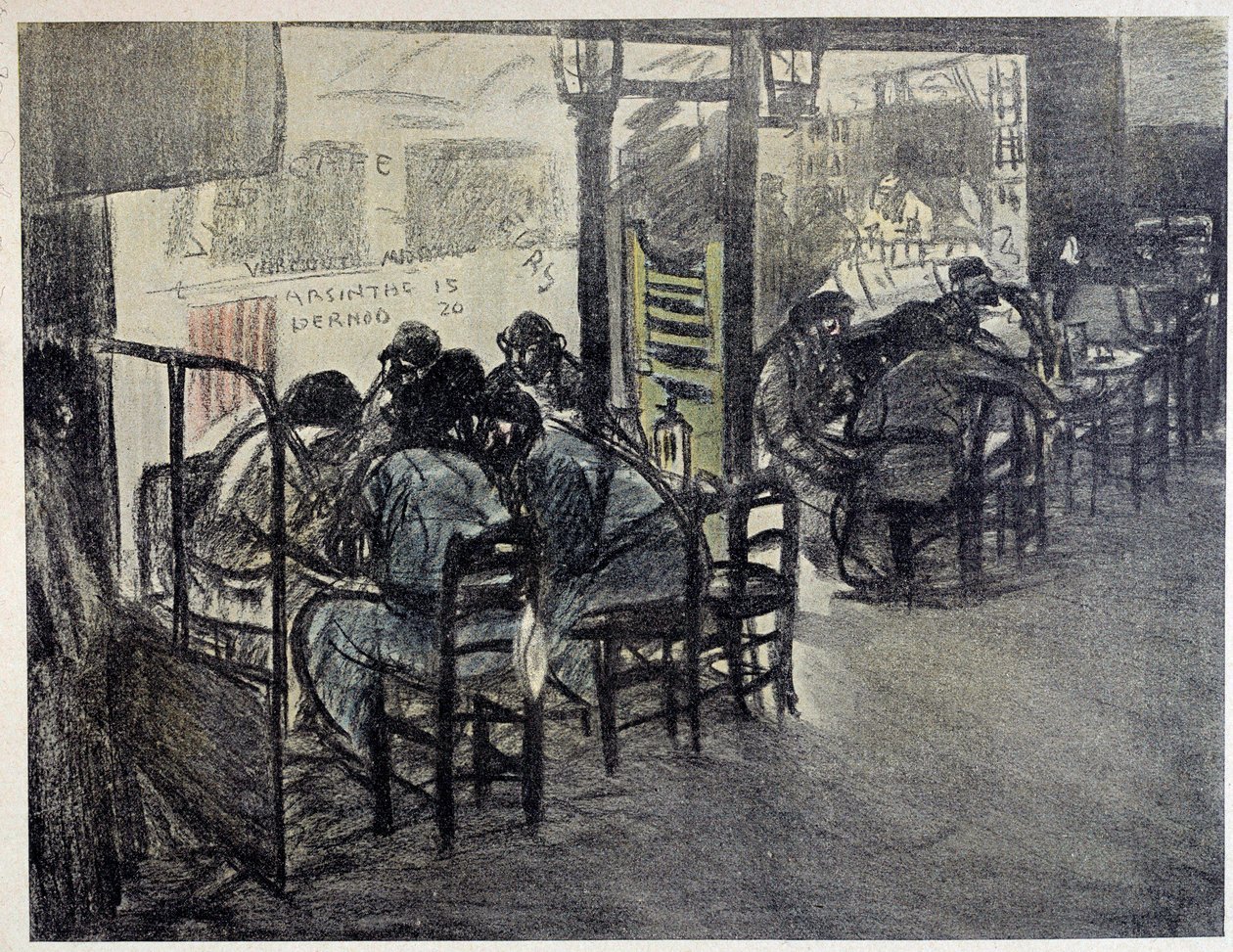 Kahvilan terassilla (Vitriinissä on kirjoitettu "" Absinthe 15", "" Pernod 20") Piirustus Theophile Alexandre Steinlen (1859-1923) 20th century Paris, Musee Carnavalet tekijältä Théophile Alexandre Steinlen