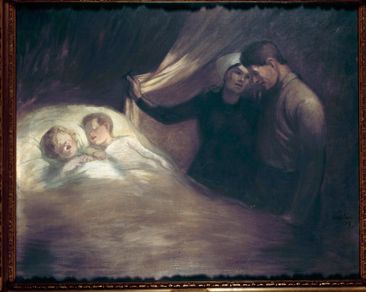 Köyhät ihmiset Pari vaatimattomista vanhemmista kuiskaa katsellessaan lastensa nukkumista. Theophile Alexandre Steinlenin (1859-1923) maalaus. 1903 Pariisi, talo Victor Hugo tekijältä Théophile Alexandre Steinlen