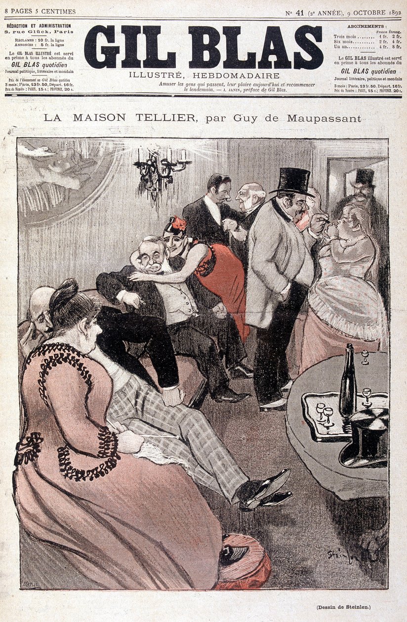 The Tellier House, Guy de Maupassant - Steinlen, "" Gil Blas"" 9.10.1892 (sama piirustus kuin nro 15587) tekijältä Théophile Alexandre Steinlen
