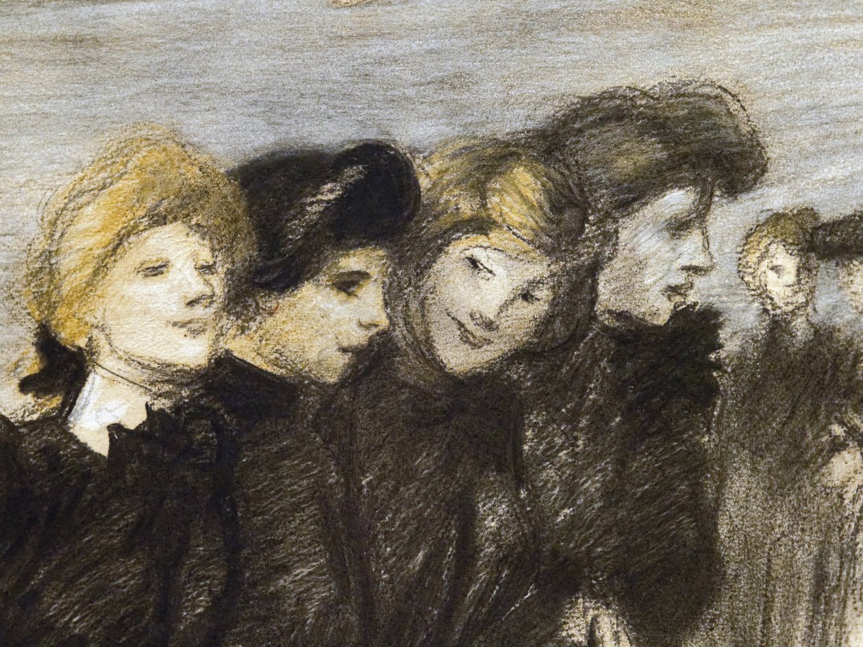 Midinettien uloskäynti (yksityiskohta) (ennen vuotta 1907). Theophile Alexandre Steinlen (1859-1923). Hiiltä ja pastellia paperille. Musee des Beaux-Arts de la Ville de Paris, PeuPalais. tekijältä Théophile Alexandre Steinlen