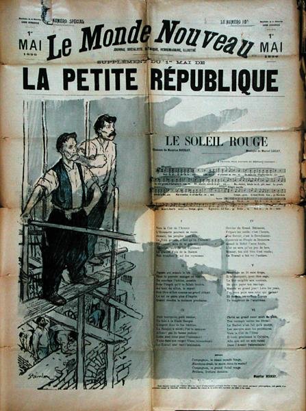 Kaksi rakennustyöläistä laulamassa Le Soleil Rougea, La Petite Republiquen etukansi tekijältä Théophile Alexandre Steinlen