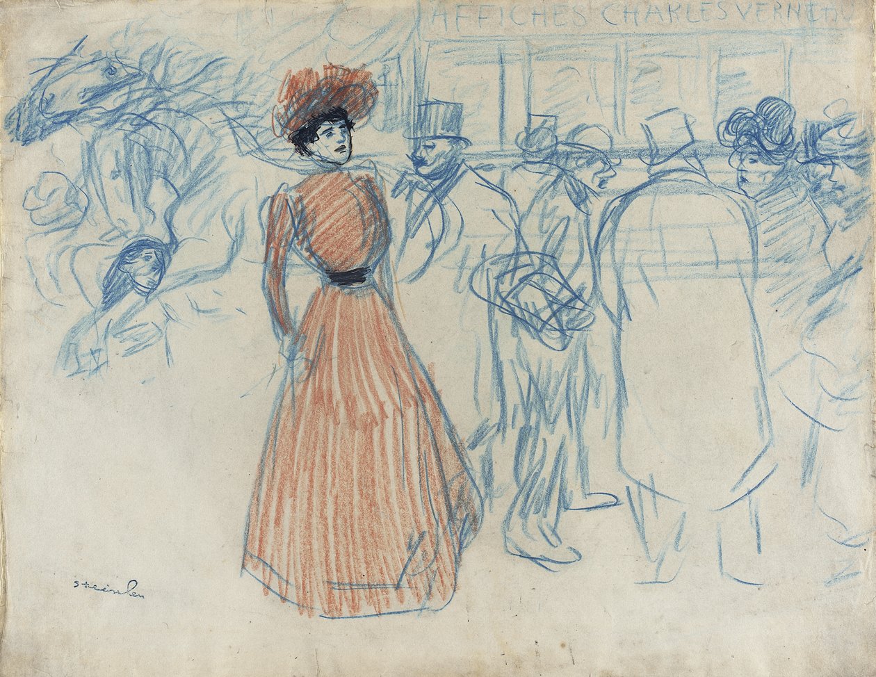 Nainen bussipysäkillä tekijältä Théophile Alexandre Steinlen
