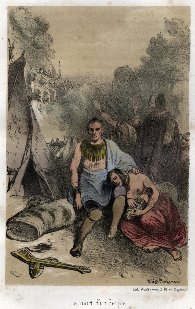 Irokeesien huronien joukkomurhat Kanadassa vuonna 1763 (Pariisin sopimus). Kaiverrus vuodelta 1845 kirjassa "" Jesuiiittien dramaattinen ja maalauksellinen historia ritarikunnan perustamisesta nykypäivään"", Adolphe Boucher, piirustus Theophile Fragonar tekijältä Theophile Evariste Fragonard
