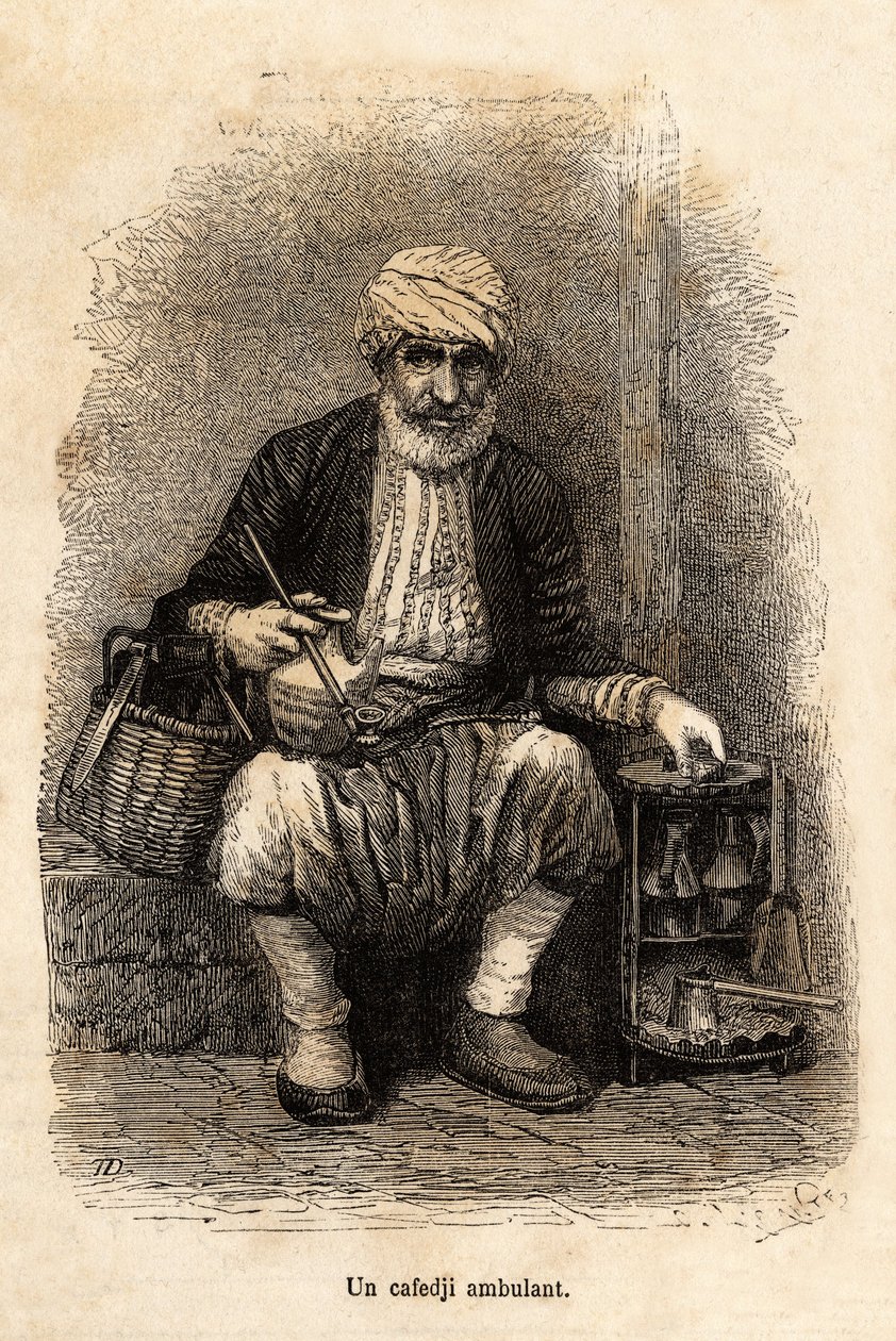 Kahvilamyyjä (cafedji) matkustamassa Trebizonden basaarissa (nykyinen Trabzon, Mustanmeren rannikolla), kaiverrus kertojan piirustuksen jälkeen, joka kuvaa matkaa Lazistaniin ja Armeniaan vuodelta 1869, kirjoittanut Theophile Deyrolle, julkaissut in "" Le  tekijältä Theophile Louis Deyrolle
