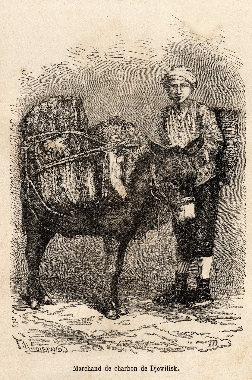 Hiilikauppias aasineen Djewiliskissä (Pohjois-Anatoliassa), kaiverrettu kertojan piirustuksen jälkeen, joka havainnollistaa matkaa Lazistanissa ja Armeniassa vuodelta 1869, Theophile Deyrolle, julkaistu "" Le tour du monde" -lehdessä 1875, toimittanut Edou tekijältä Theophile Louis Deyrolle