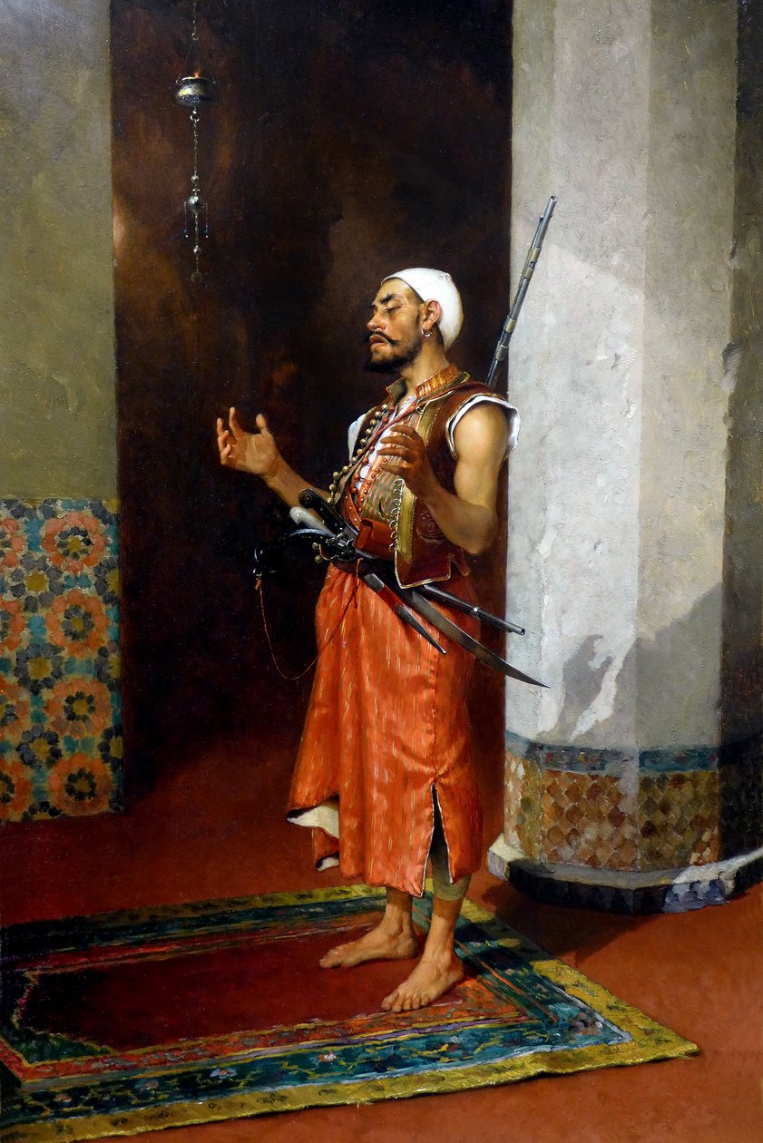 Turkkilainen vartija rukoilee, 1800-luvun loppu - 1900-luvun alku (öljy kankaalle) tekijältä Theophile Marie Francois Lybaert