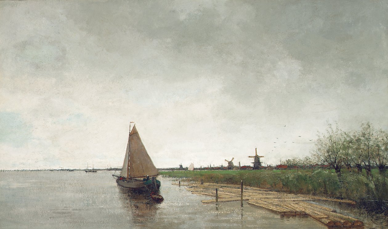 Jokimaisema aluksiineen, kaupunki takana (öljy kankaalle) tekijältä Theophile de Bock