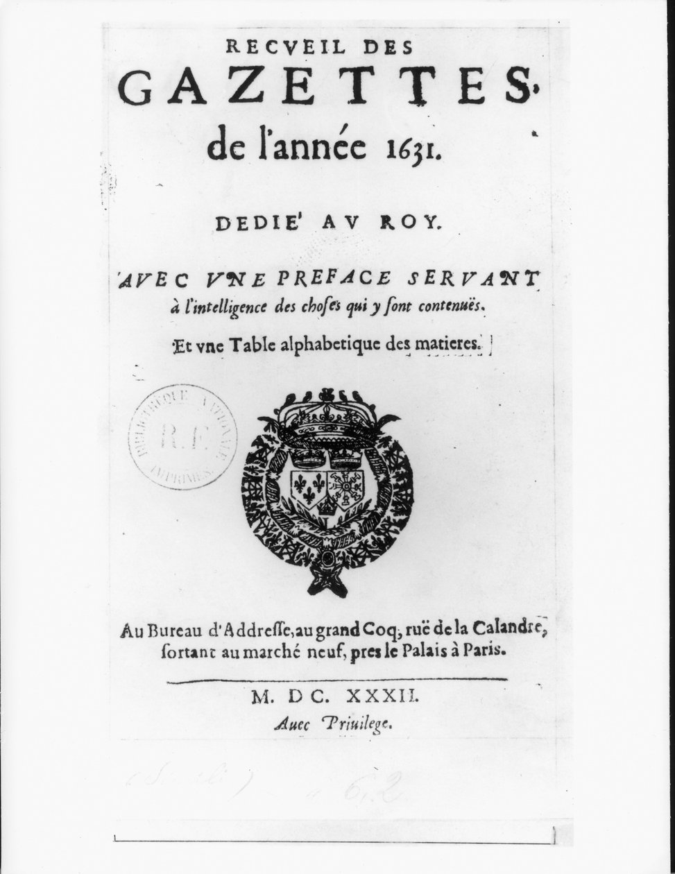 "La Gazetten" ensimmäisen kokoelman nimisivu, 1632 tekijältä Theophraste Renaudot