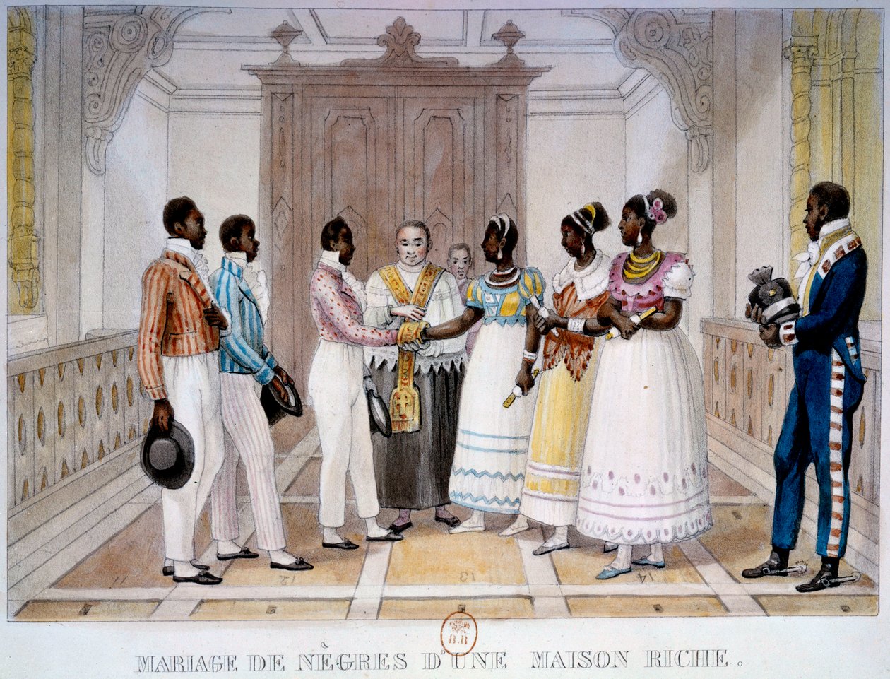Rikkaan talon negreen häät Thierry Freresin litografia Jean Baptiste Debretin (1768-1848) "" Voyage Picturesque et Historique au Brazil" -sarjasta 1839 Paris, B.N. tekijältä Thierry Frères