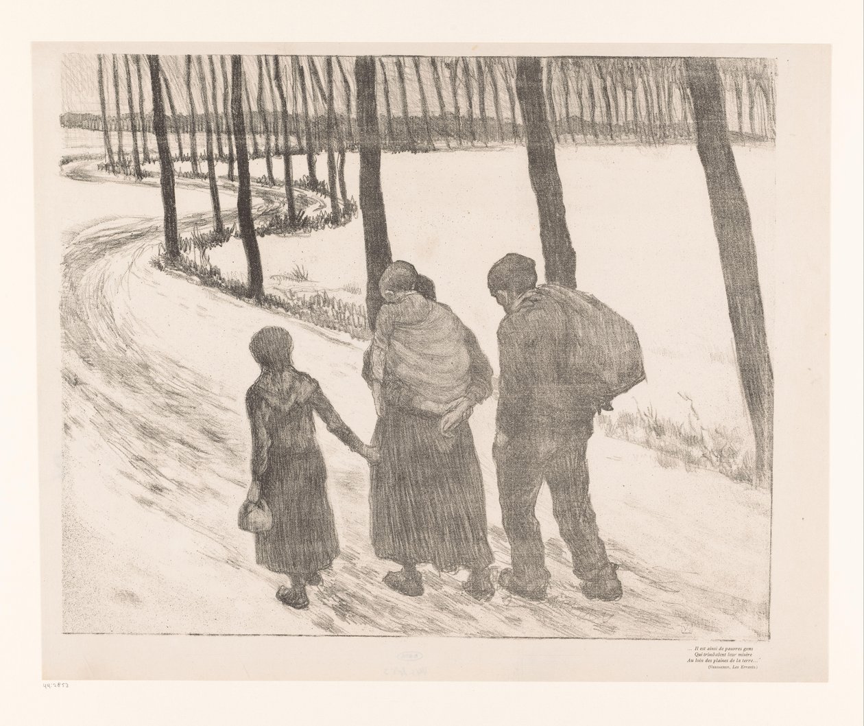 Mies ja nainen kahden lapsen kanssa kävelemässä maantiellä Pauvres gens tekijältä Théo van Rysselberghe