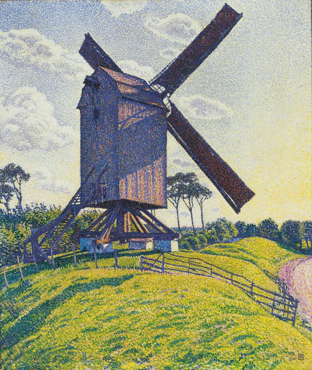Moulin a vent dans les Flandres - Kalfin mylly Knokkessa tai Tuulimylly Flanderissa, kirjoittanut Rysselberghe, Theo van (1862-1926). Öljy kankaalle tekijältä Théo van Rysselberghe