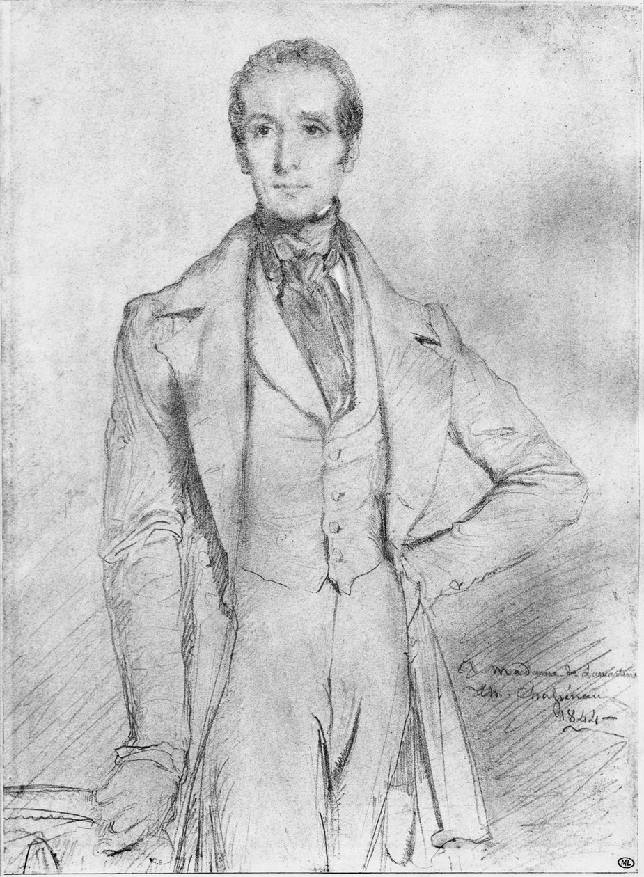 Alphonse de Lamartinen muotokuva, 1844 (musta lyijy ja valkoiset kohokohdat beigellä paperilla) tekijältä Théodore Chassériau