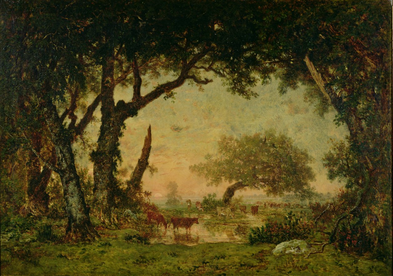 Metsän reuna Fontainebleaussa, laskeva aurinko, 1850-51 tekijältä Pierre Etienne Theodore Rousseau
