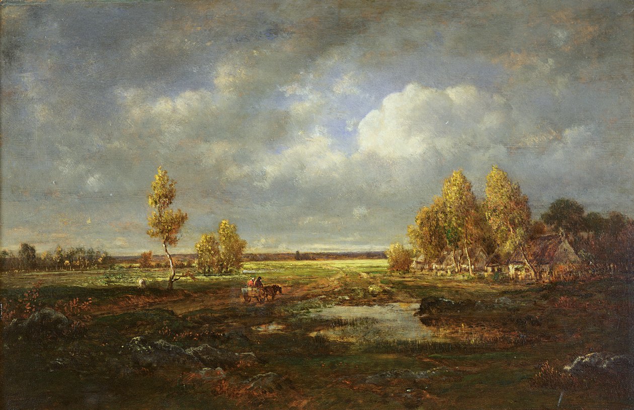 Lampi lähellä tietä, maatila Le Berryssä, n. 1845-48 (öljy puulle) tekijältä Pierre Etienne Theodore Rousseau