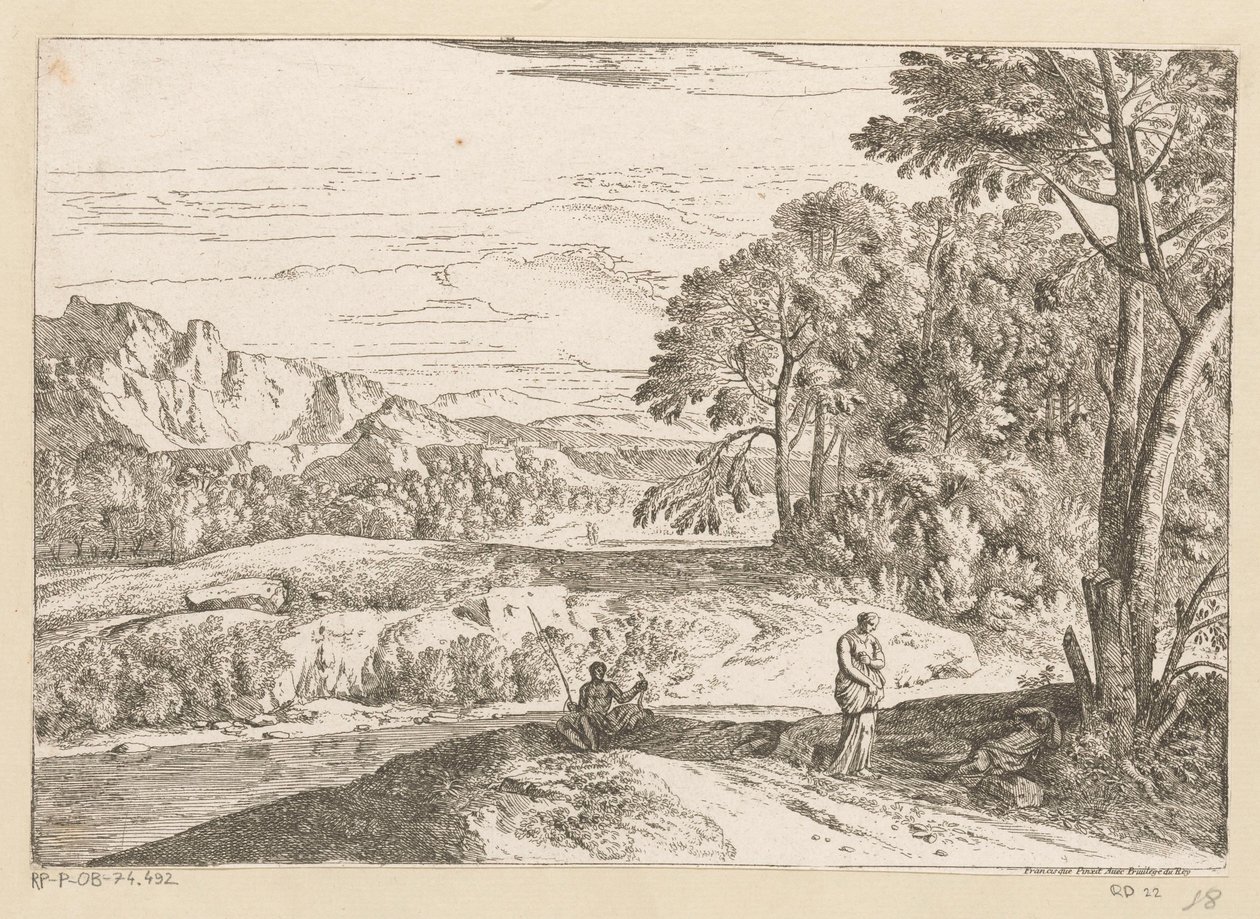 Arkadian maisema kalastajan kanssa puron varrella Suite de Paysages (sarjan nimi) tekijältä Théodore