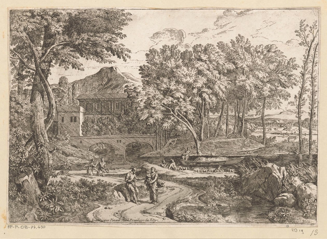 Arkadian maisema, jossa vuohilauma veden äärellä ja äiti lapsen kanssa polulla muiden hahmojen kanssa Suite de Paysages (sarjan nimi) tekijältä Théodore