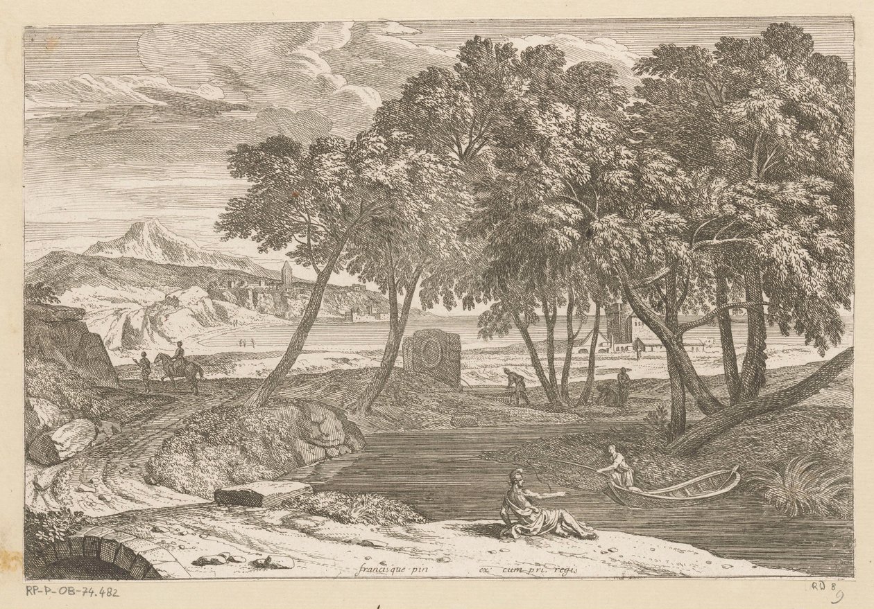 Arkadian maisema, jossa kalastaja veneessä Suite de Paysages (sarjan nimi) tekijältä Théodore
