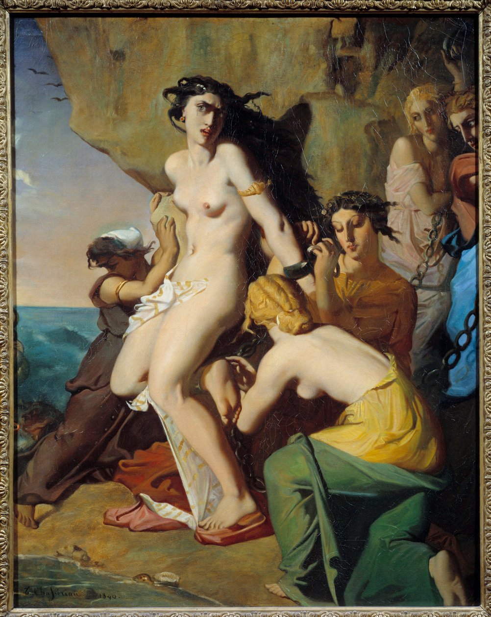 Andromede kiinnitetty kallioon Nereides-joen rannalla, Theodore Chasseriaun maalaus (1819-1856) tekijältä Théodore Chassériau