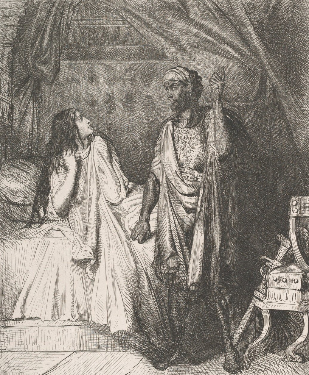 Oletko rukoillut tänä iltana, Dedesmona: levy 12 Othello Act 5:stä, ..., kaiverrettu 1844, uusintapainos 1900. tekijältä Théodore Chassériau