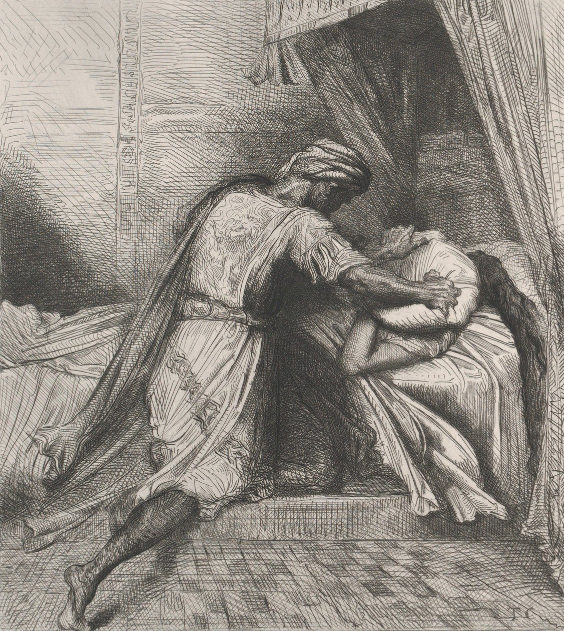 Hän tukahduttaa hänet: levy 13 Othello Act 5:stä, kohtaus 2, kaiverrettu 1844, uusintapainos 1900. tekijältä Théodore Chassériau