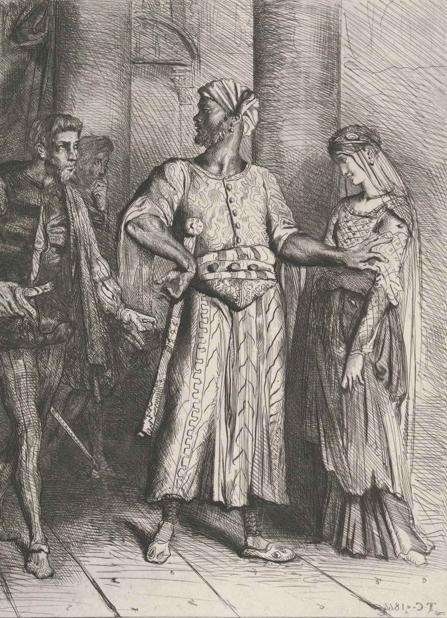 Rehellinen Iago, minun on jätettävä sinulle Desdemonani: levy 4 Othellista..., kaiverrettu 1844, uusintapainos 1900. tekijältä Théodore Chassériau